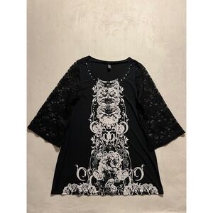 Style & Co Womens Black Lace Bell Sleeve Studded Graphic Floral Top Large